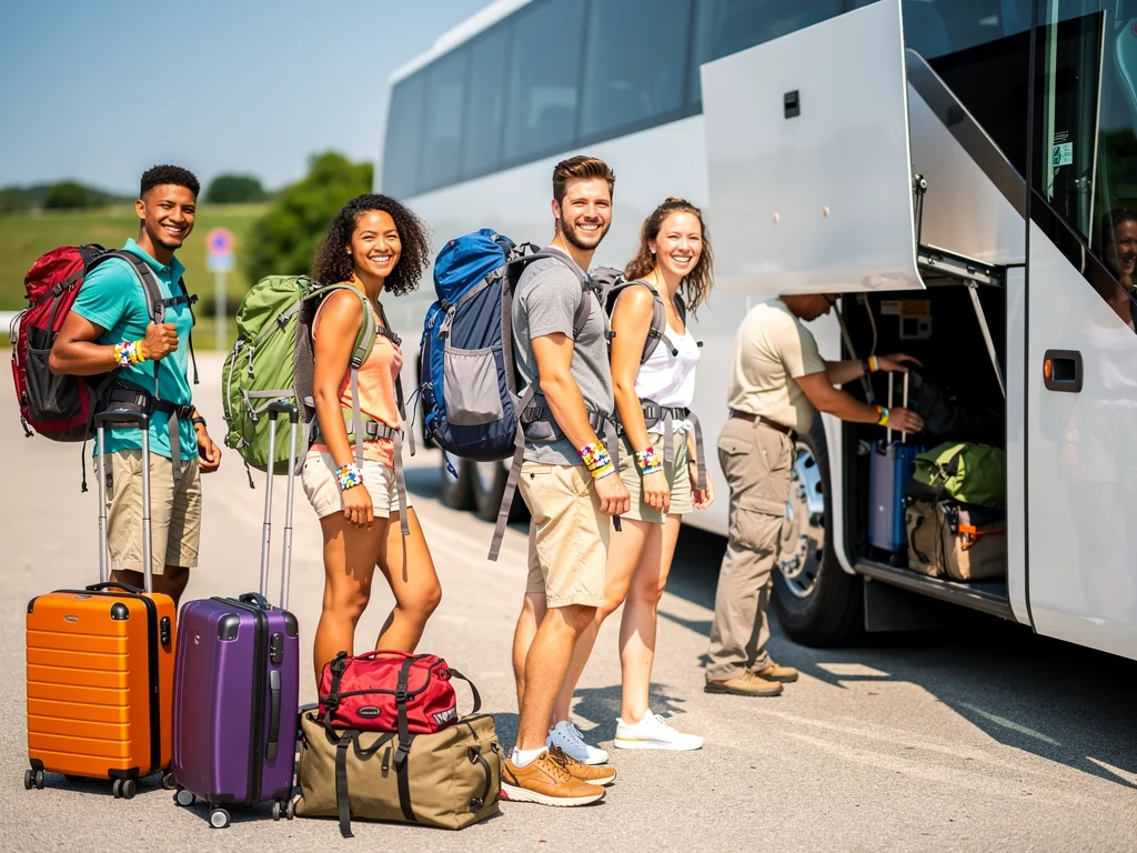 Smiling travelers boarding a comfortable coach bus organized for festival transfers